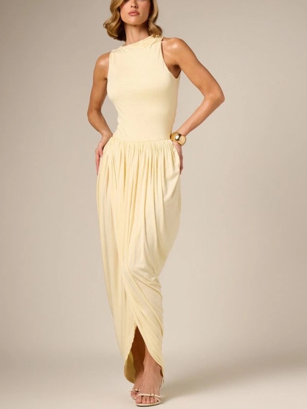 Butter yellow cream Sleeveless draped ruched stretchy midi maxi Dress - Picture 2 of 5